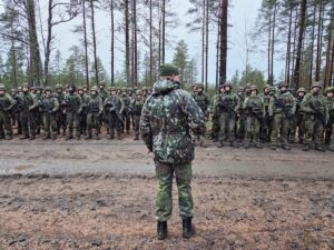 Commander of the Finnish Army Lieutenant General Pasi Valimaki addresses Finnish conscript soldiers after a military exercise at Pori Brigade in Niinisalo